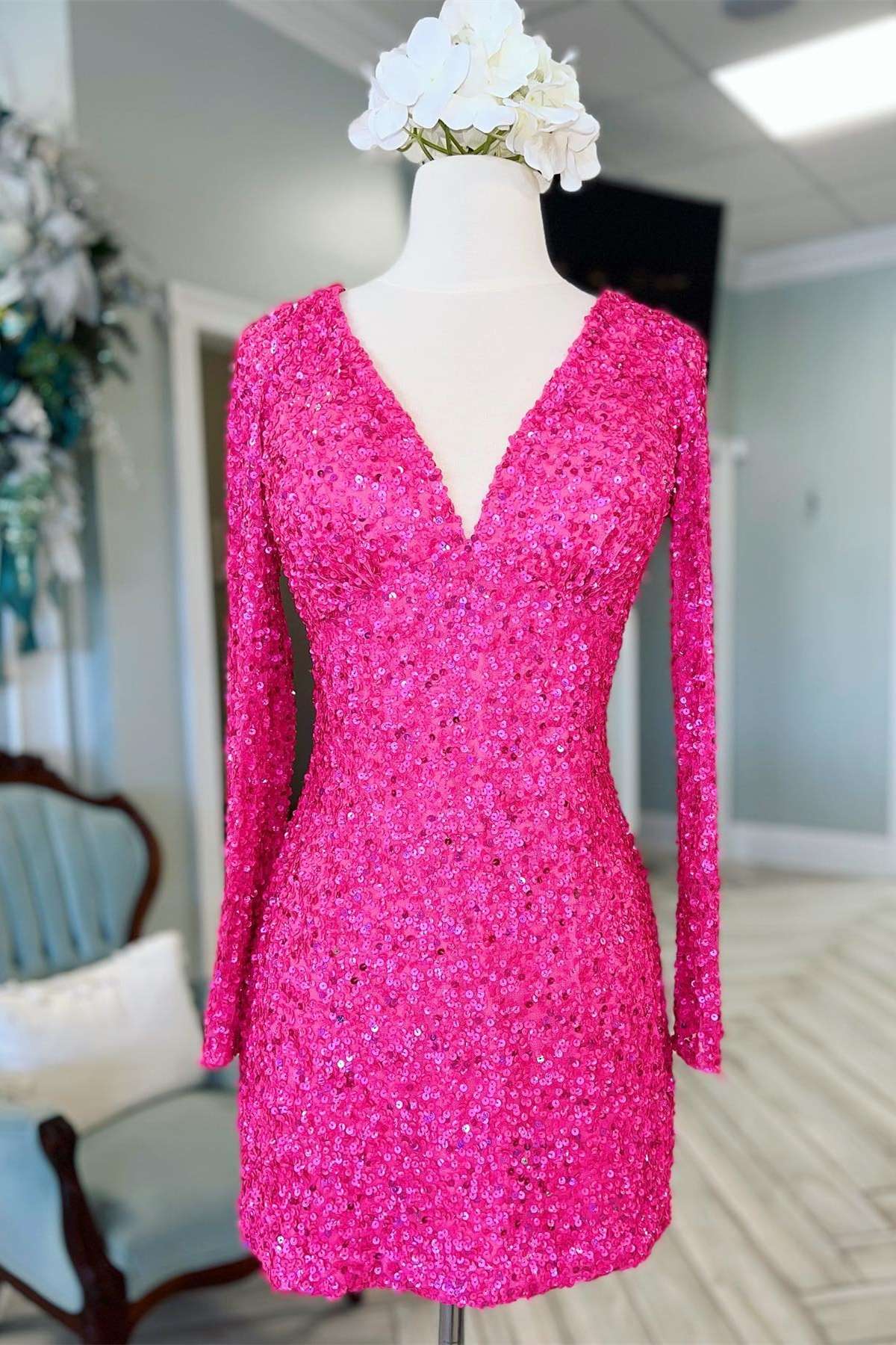 Hot Pink Sequin V-Neck Long Sleeve Short Homecoming Dress Modsele Hot Pink Sequin V-Neck Long Sleeve Short Homecoming Dress Modsele