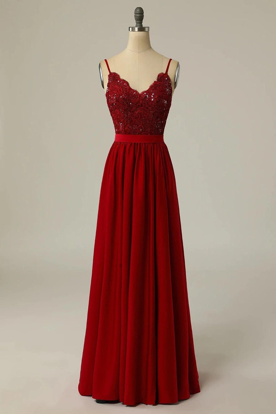 Red Lace Straps Banded Waist Bridesmaid Dress