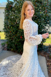 White Lace Long Sleeve Backless Mermaid Wedding Dress