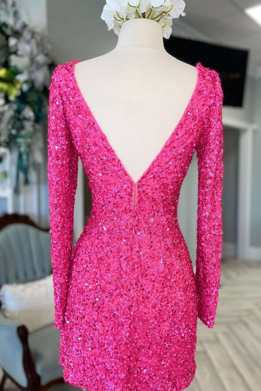 Hot Pink Sequin V-Neck Long Sleeve Short Homecoming Dress Modsele Hot Pink Sequin V-Neck Long Sleeve Short Homecoming Dress Modsele
