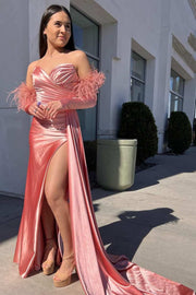 Red Strapless Long Sleeve Mermaid Prom Dress with Slit