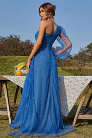 Blue Polka Dot One-Sleeve A-Line Prom Dress with Slit