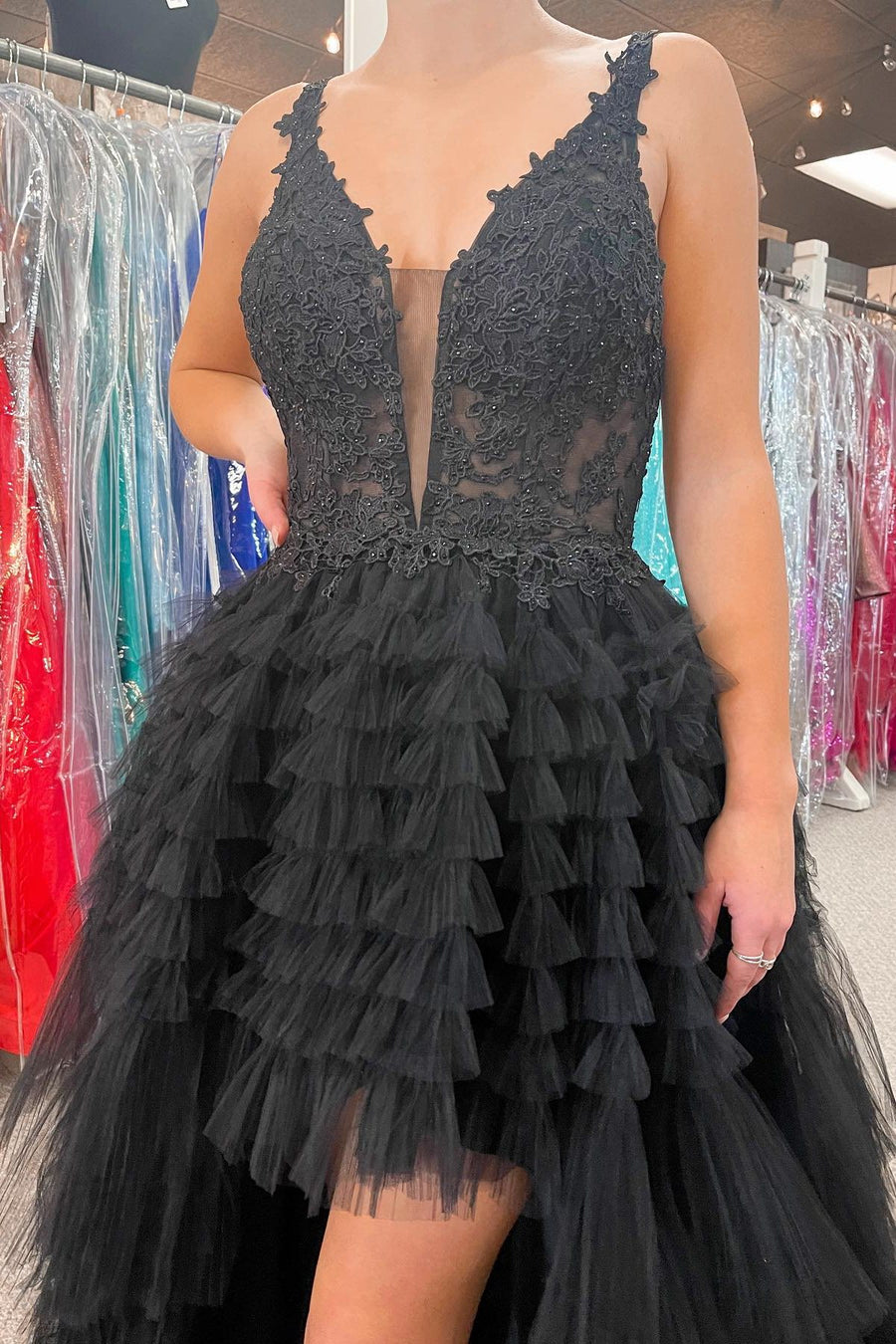 High-Low Tulle Plunge V Tiered Formal Gown with Ruffles