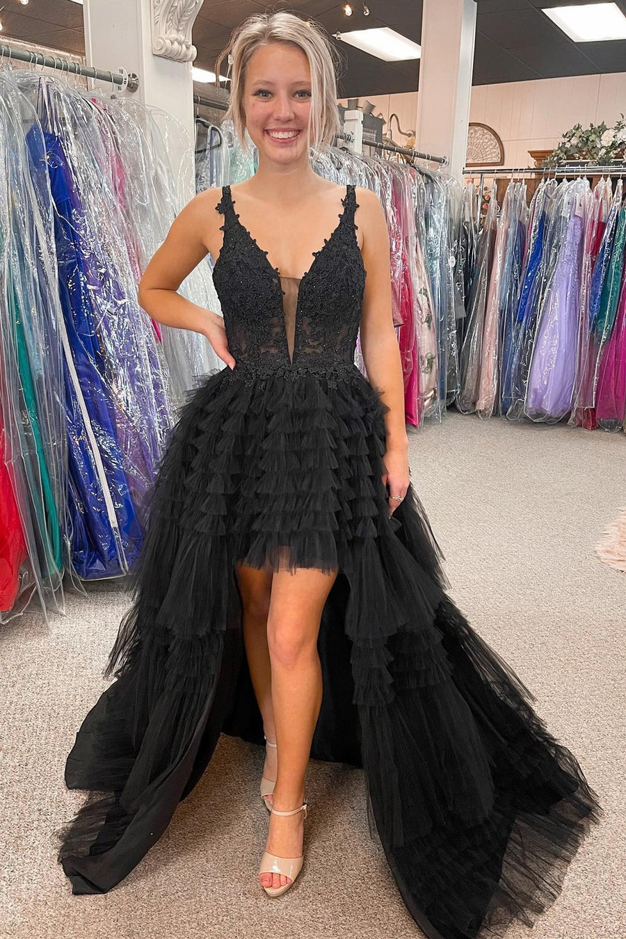 High-Low Tulle Plunge V Tiered Formal Gown with Ruffles