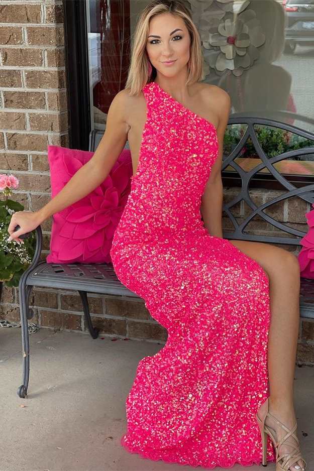Neon Pink Sequins One-Shoulder Backless Long Formal Dress