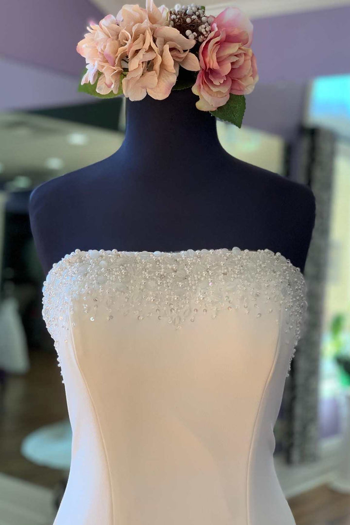 White Beaded Strapless Mermaid Long Bridal Gown