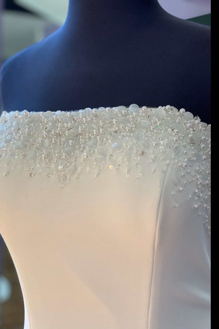 White Beaded Strapless Mermaid Long Bridal Gown