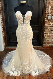 Floral Lace Strapless Mermaid Long Bridal Gown