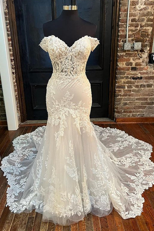 Beige Appliques Off-the-Shoulder Trumpet Long Wedding Dress Modsele Beige Appliques Off-the-Shoulder Trumpet Long Wedding Dress Modsele