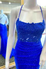 Royal Blue Beaded Applique Cross-Back Mermaid Long Formal Dress