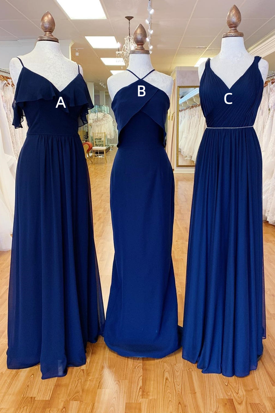 Mismatched Navy Blue Chiffon Long Bridesmaid Dress