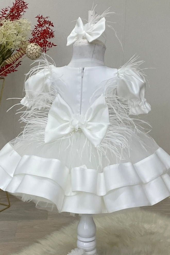 White Feather Bow Back Tiered Girl Party Dress