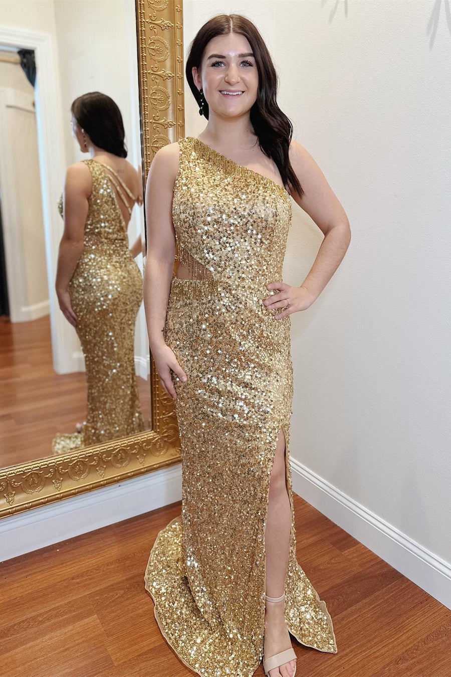 Gold Sequin Fringes One-Shoulder Cutout Long Prom Dress with Slit
