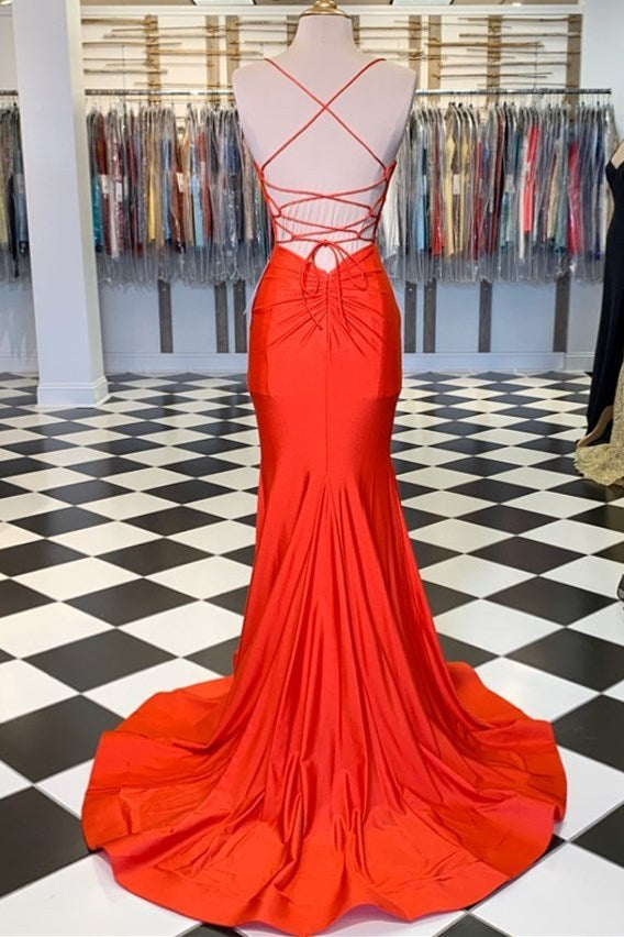 Spaghetti Straps V-Neck Lace-Up Trumpet Long Formal Prom Dress