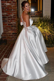 Asymmetrical White Satin A-Line Long Wedding Dress