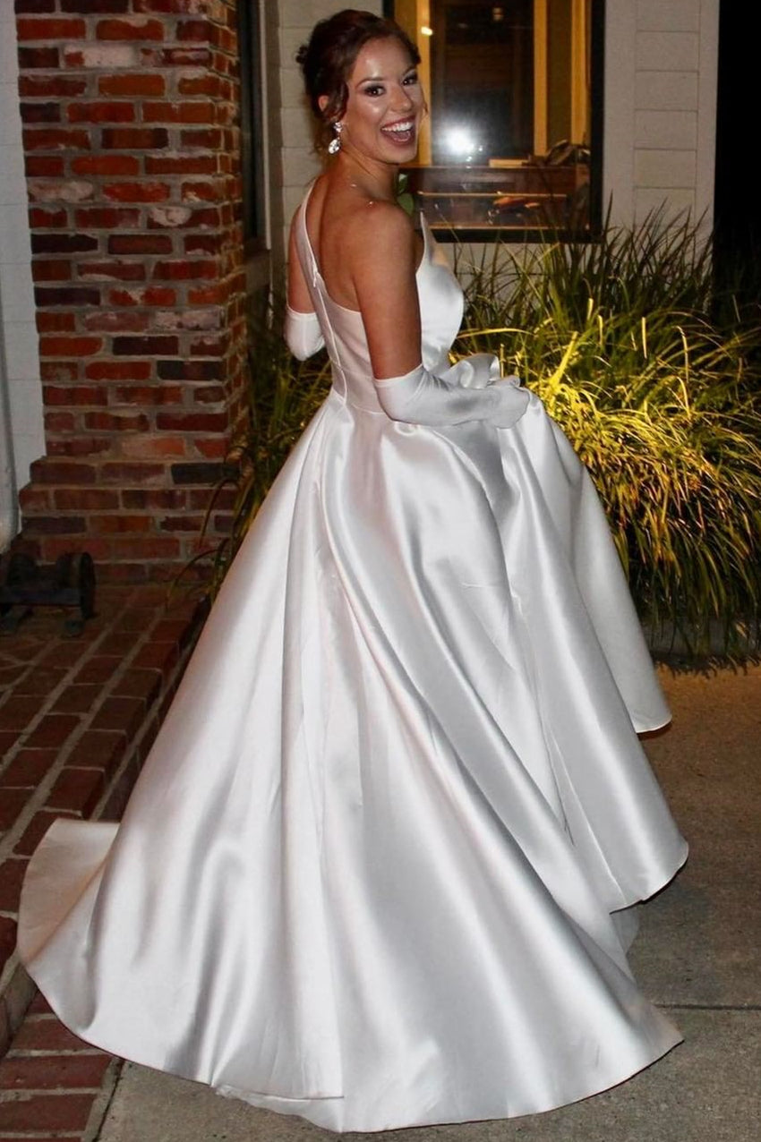 Asymmetrical White Satin A-Line Long Wedding Dress Modsele Asymmetrical White Satin A-Line Long Wedding Dress Modsele