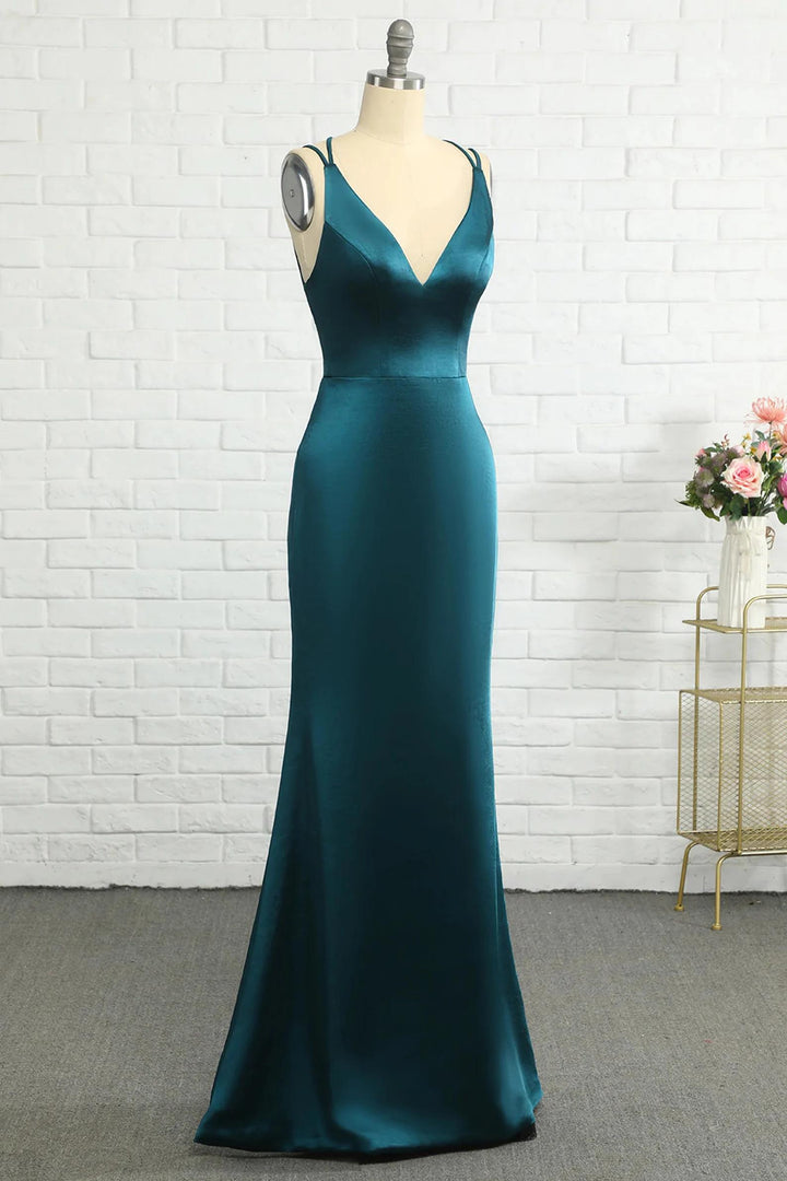 Elegant Teal Blue V-Neck Lace-Up Mermaid Bridesmaid Dress