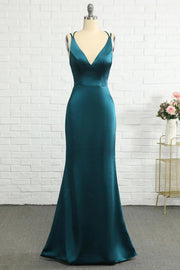 Elegant Teal Blue V-Neck Lace-Up Mermaid Bridesmaid Dress