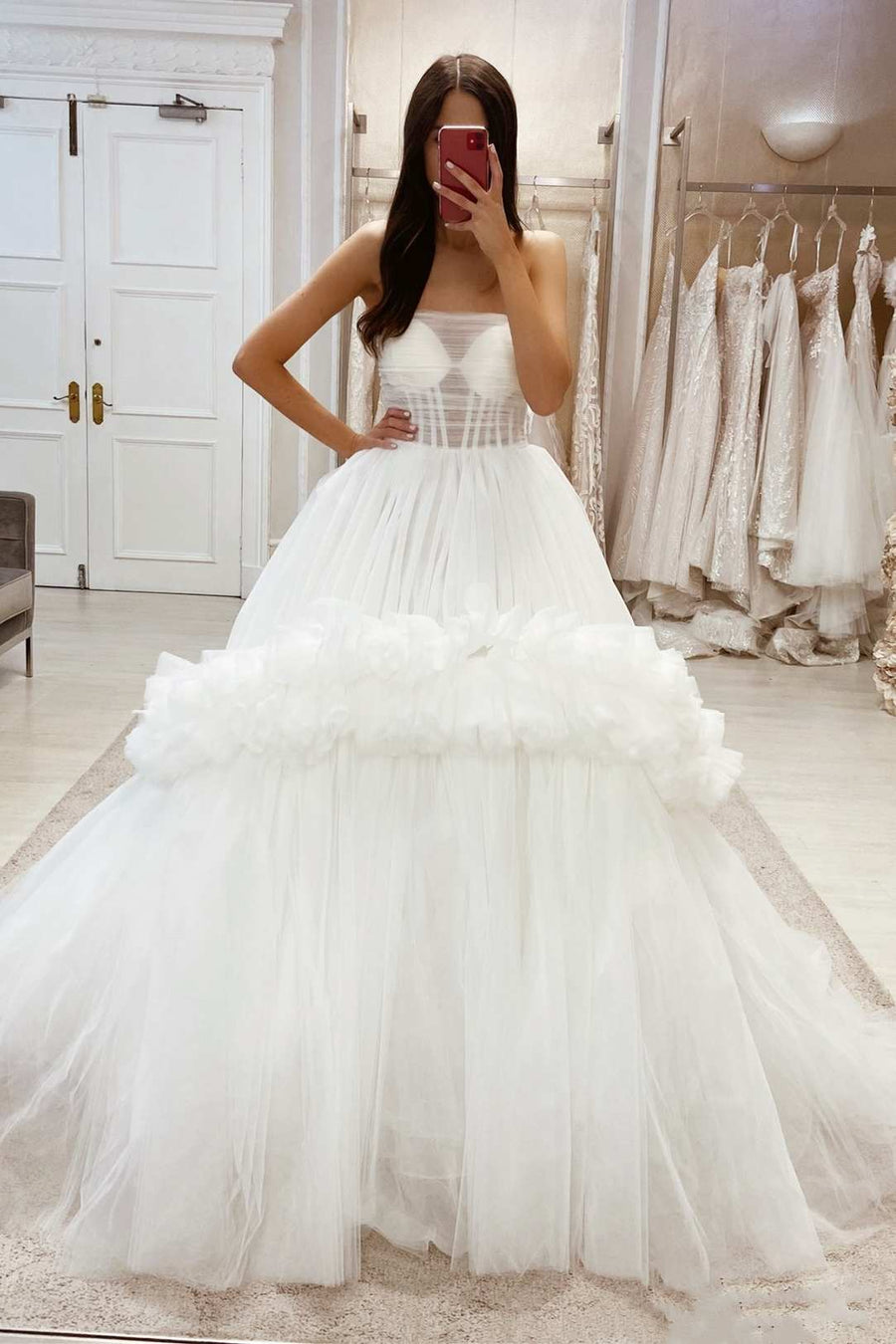 White Tulle Strapless A-Line Wedding Dress with Ruffles