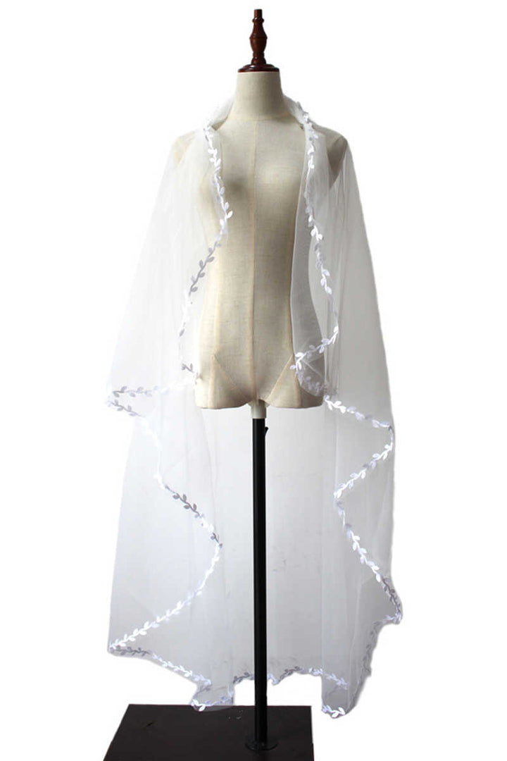 White Mesh Leaf Lace Long Bridal Veil
