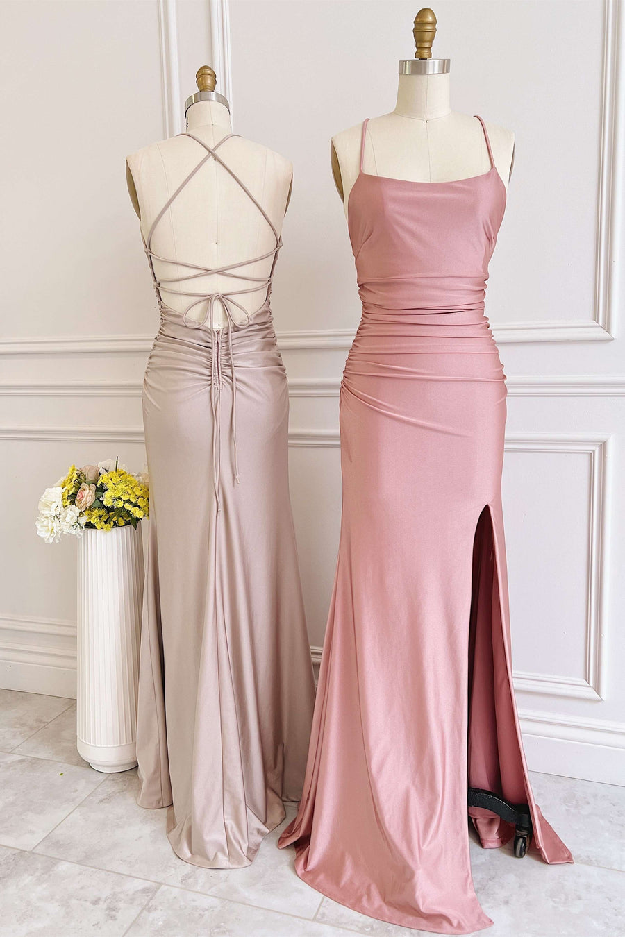 Champagne Scoop Neck Lace-Up Back Long Wedding Guest Dress