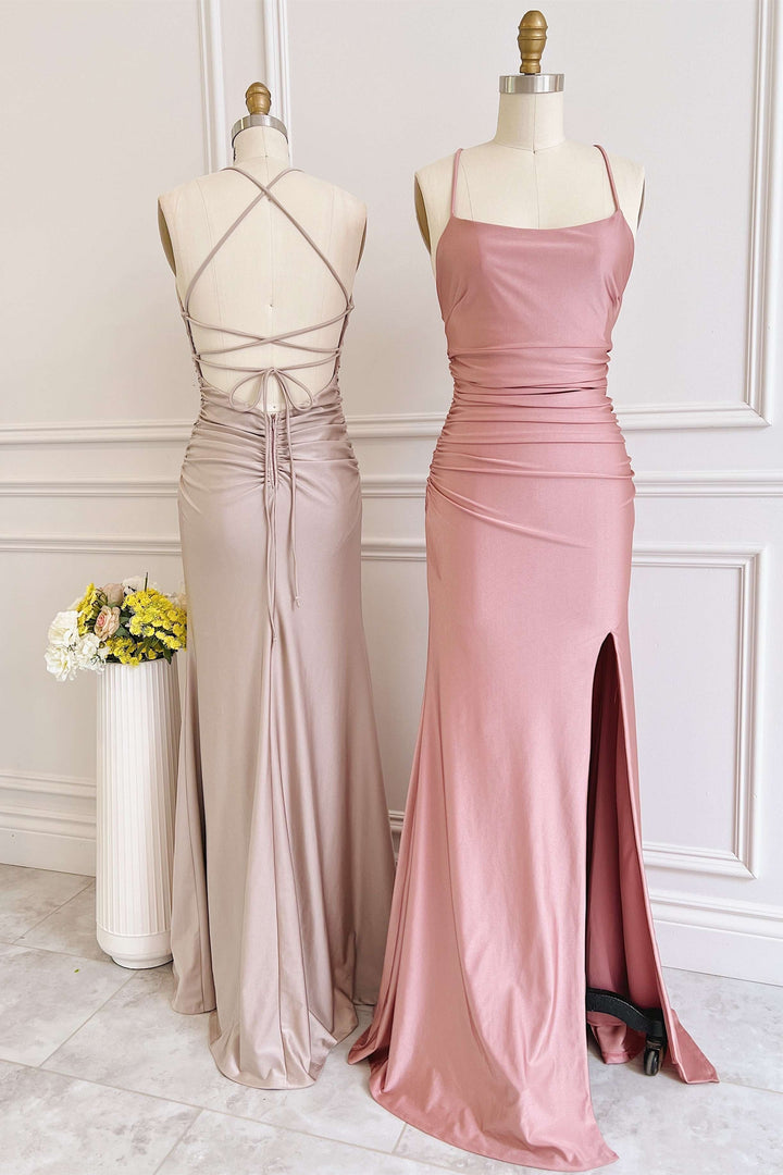 Champagne Scoop Neck Lace-Up Back Long Wedding Guest Dress