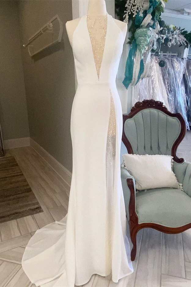 White Halter Open Back Mermaid Long Wedding Dress