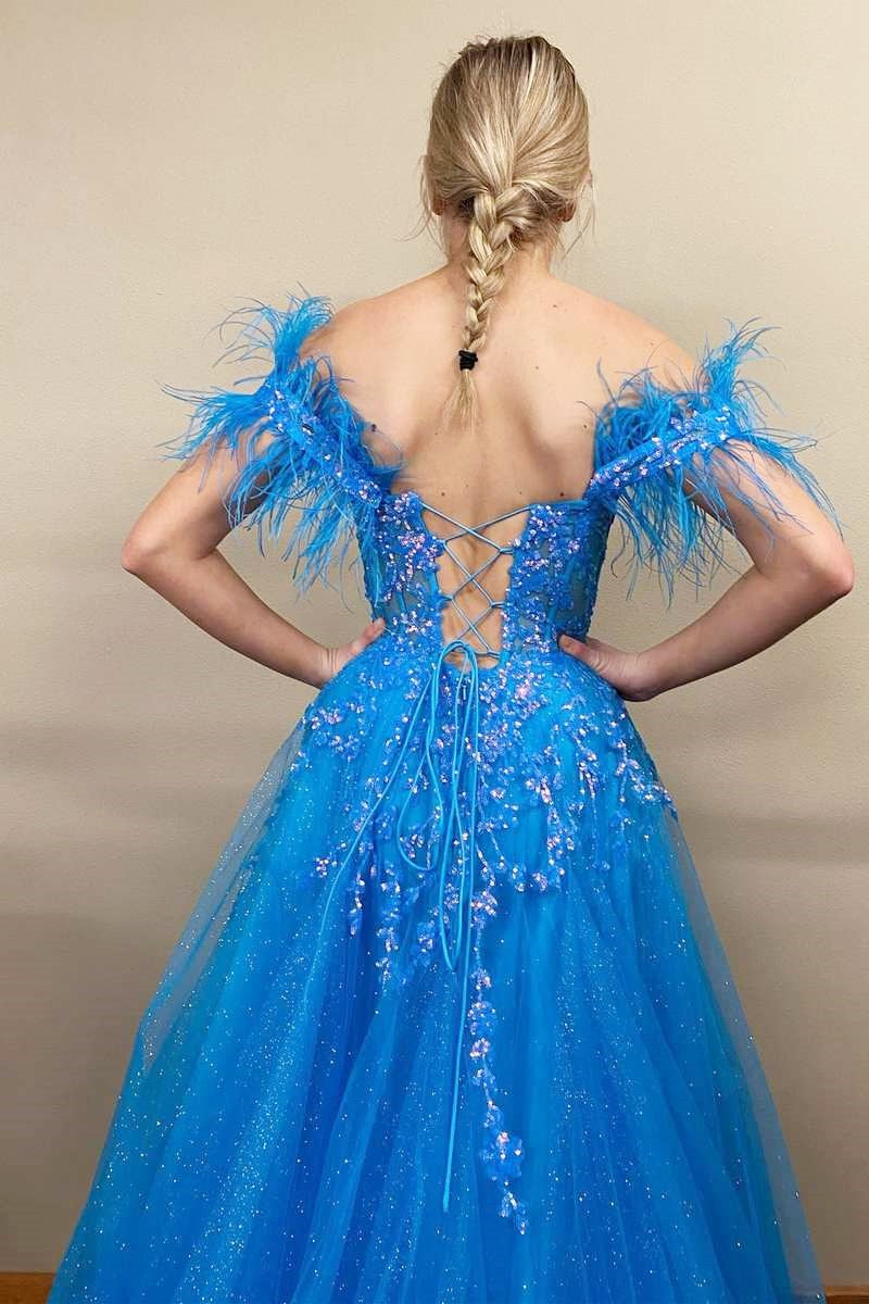 Blue Tulle Feather Off-the-Shoulder Lace-Up A-Line Long Prom Dress