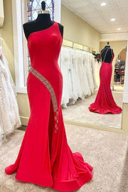 Red Satin Beaded One-Shoulder Backless Long Formal Dress