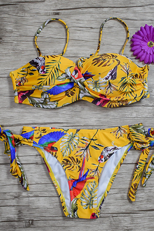 Green Print Side-Tie Swimsuit