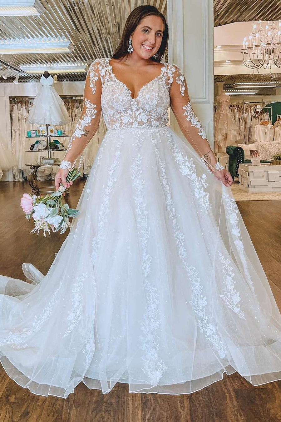 White Floral Lace Queen Anne Long Sleeve Wedding Dress