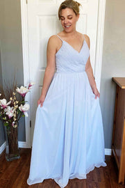 Light Blue Chiffon V-Neck Backless Long Bridesmaid Dress