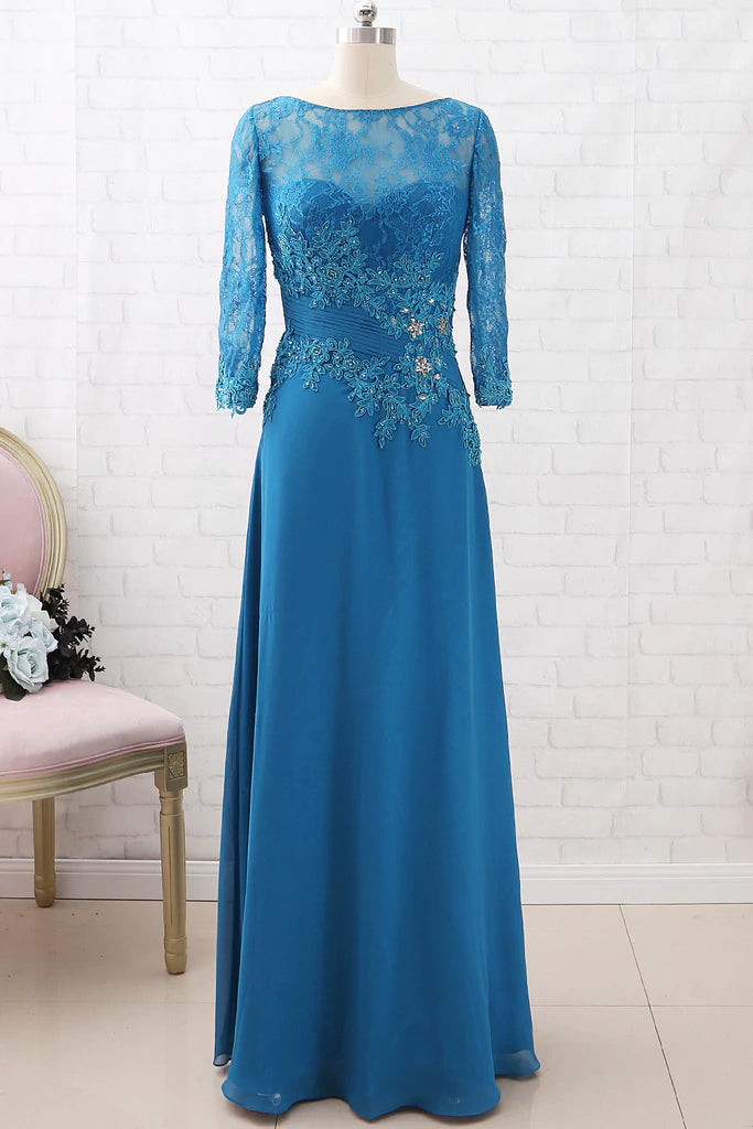 Blue Chiffon Lace Appliques Long Mother of the Bride Dress