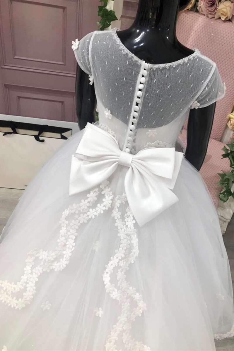 A-Line White Lace Bow-Back Flower Girl Dress