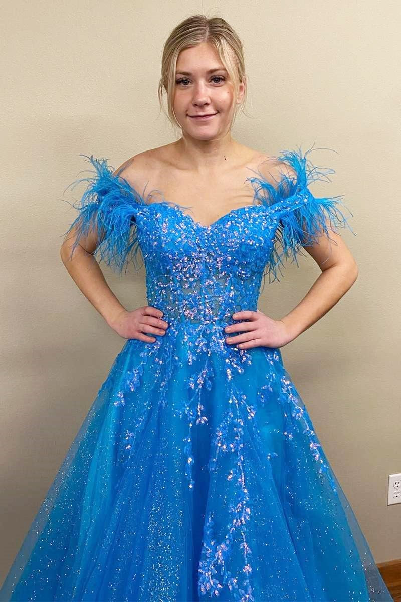 Blue Tulle Feather Off-the-Shoulder Lace-Up A-Line Long Prom Dress