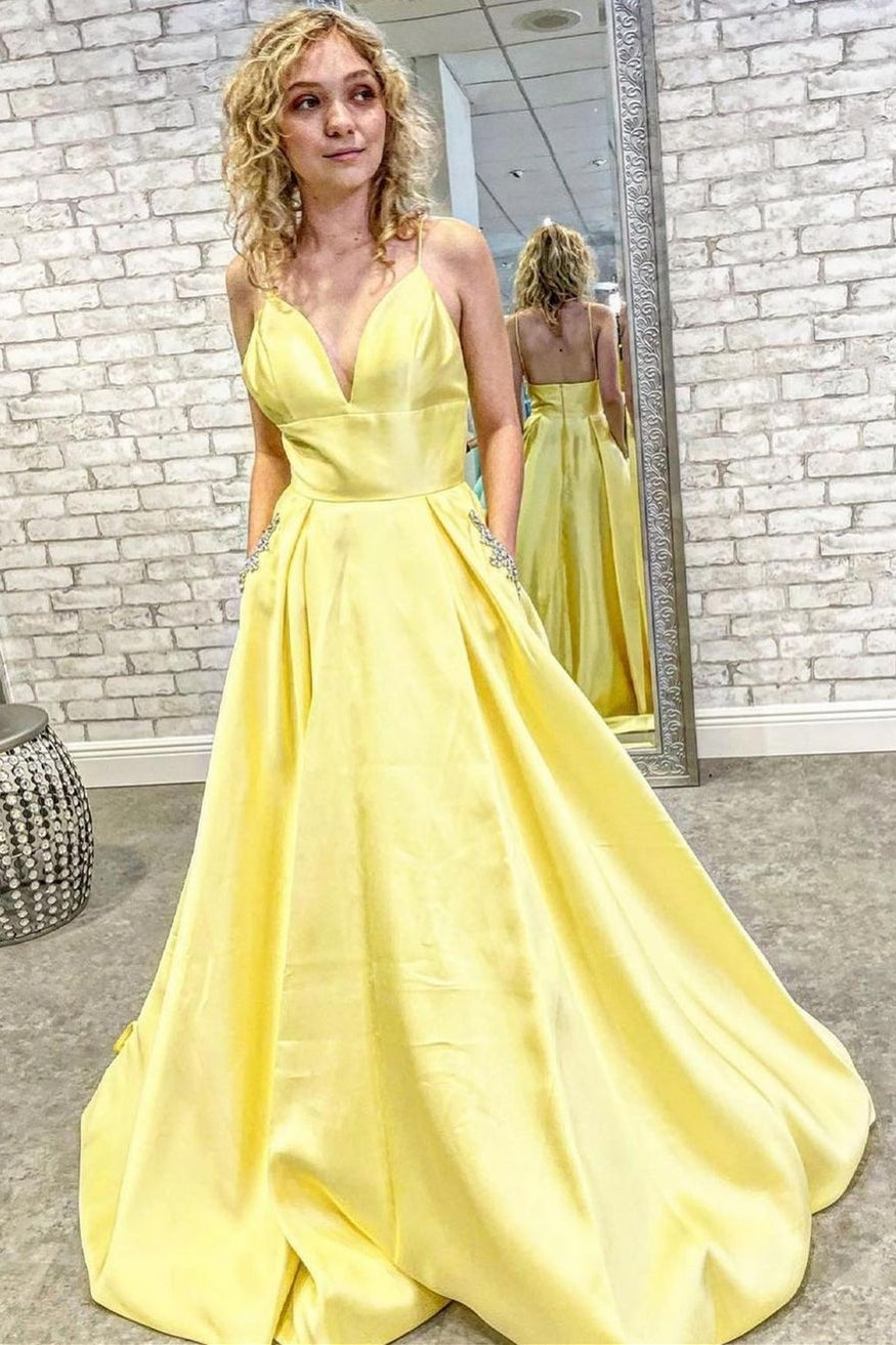 Yellow V-Neck Backless A-Line Prom Gown with Pockets