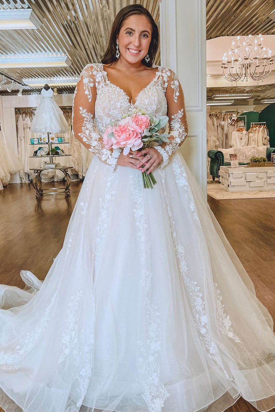 White Floral Lace Queen Anne Long Sleeve Wedding Dress