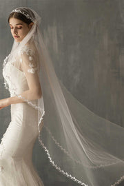 White Mesh Leaf Lace Long Bridal Veil