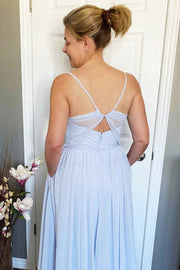 Light Blue Chiffon V-Neck Backless Long Bridesmaid Dress