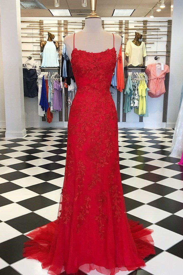 Red Floral Appliques Tulle Mermaid Long Formal Dress