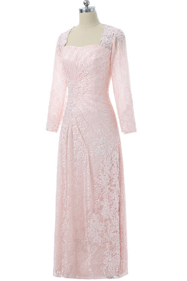 Blush Pink Lace Square Long Sleeve Mother of the Bride Dress