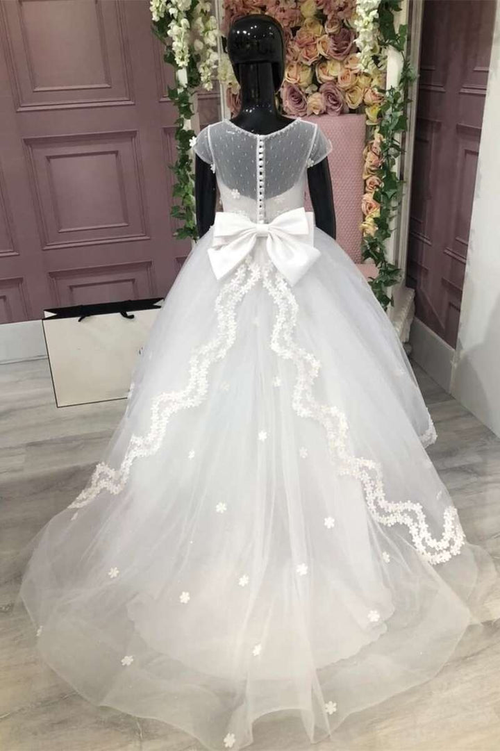 A-Line White Lace Bow-Back Flower Girl Dress