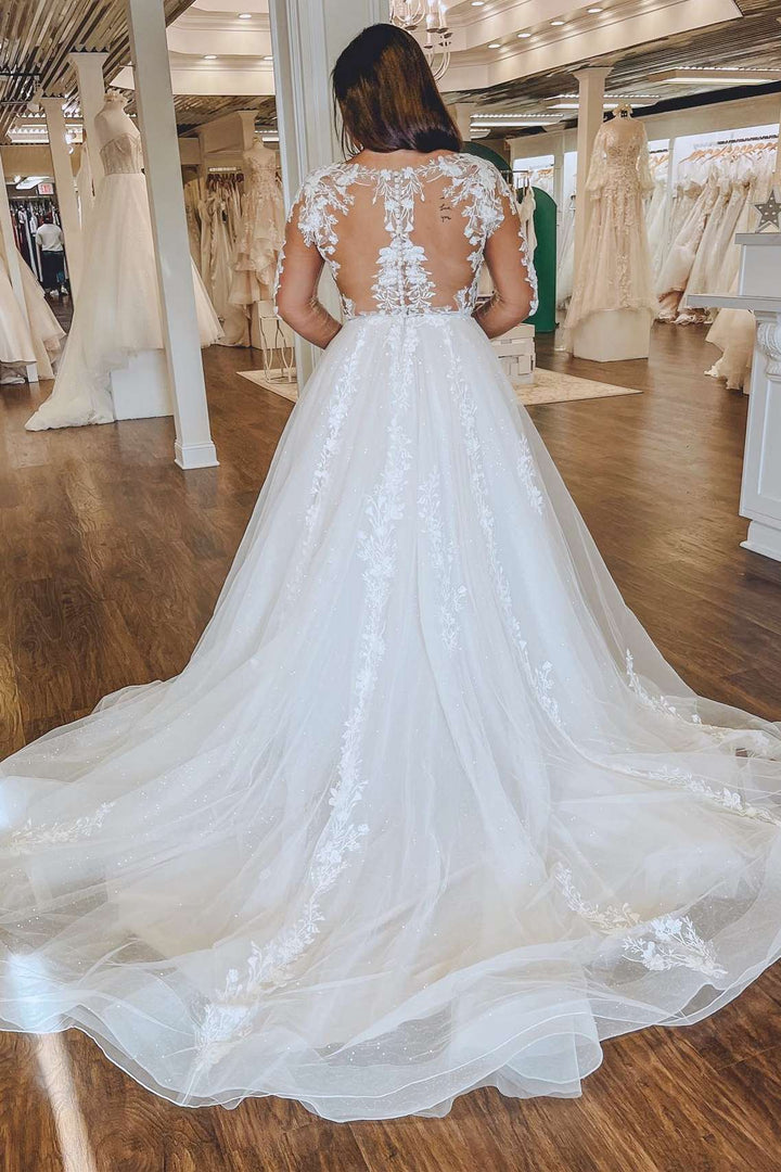 White Floral Lace Queen Anne Long Sleeve Wedding Dress