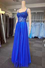 A-Line Blue Appliques Scoop Neck Long Prom Dress