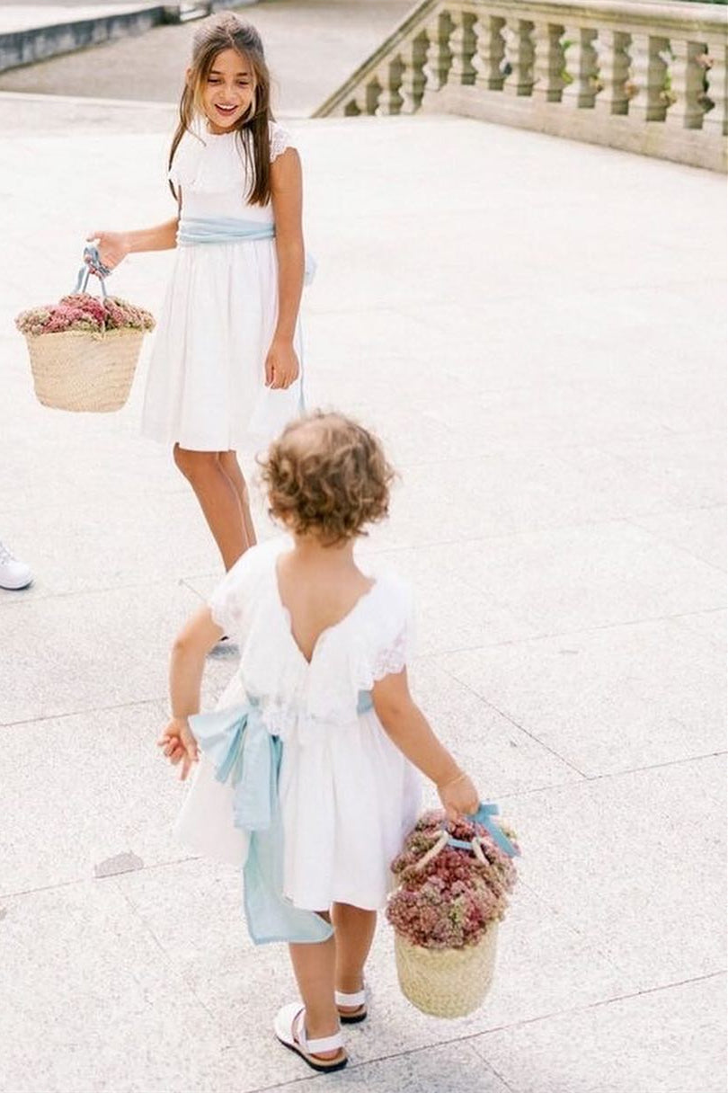 White Lace Cape Flower Girl Dress with Blue Band