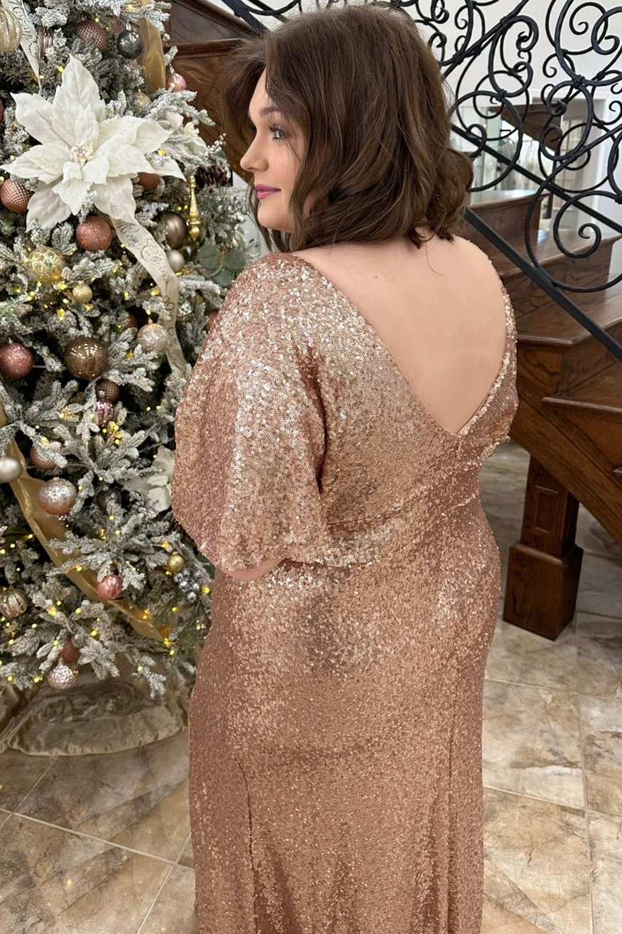 Champagne Sequin V-Neck Ruffles Long Formal Dress with Slit Modsele Champagne Sequin V-Neck Ruffles Long Formal Dress with Slit Modsele