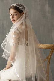 White Mesh Leaf Lace Long Bridal Veil
