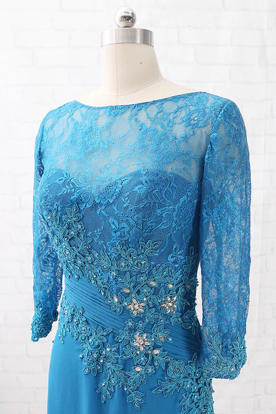 Blue Chiffon Lace Appliques Long Mother of the Bride Dress