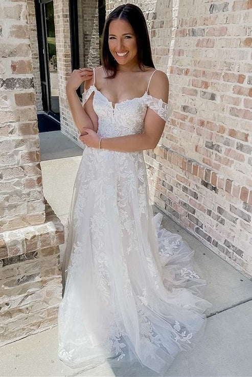Cold-Shoulder White Lace A-Line Long Wedding Dress