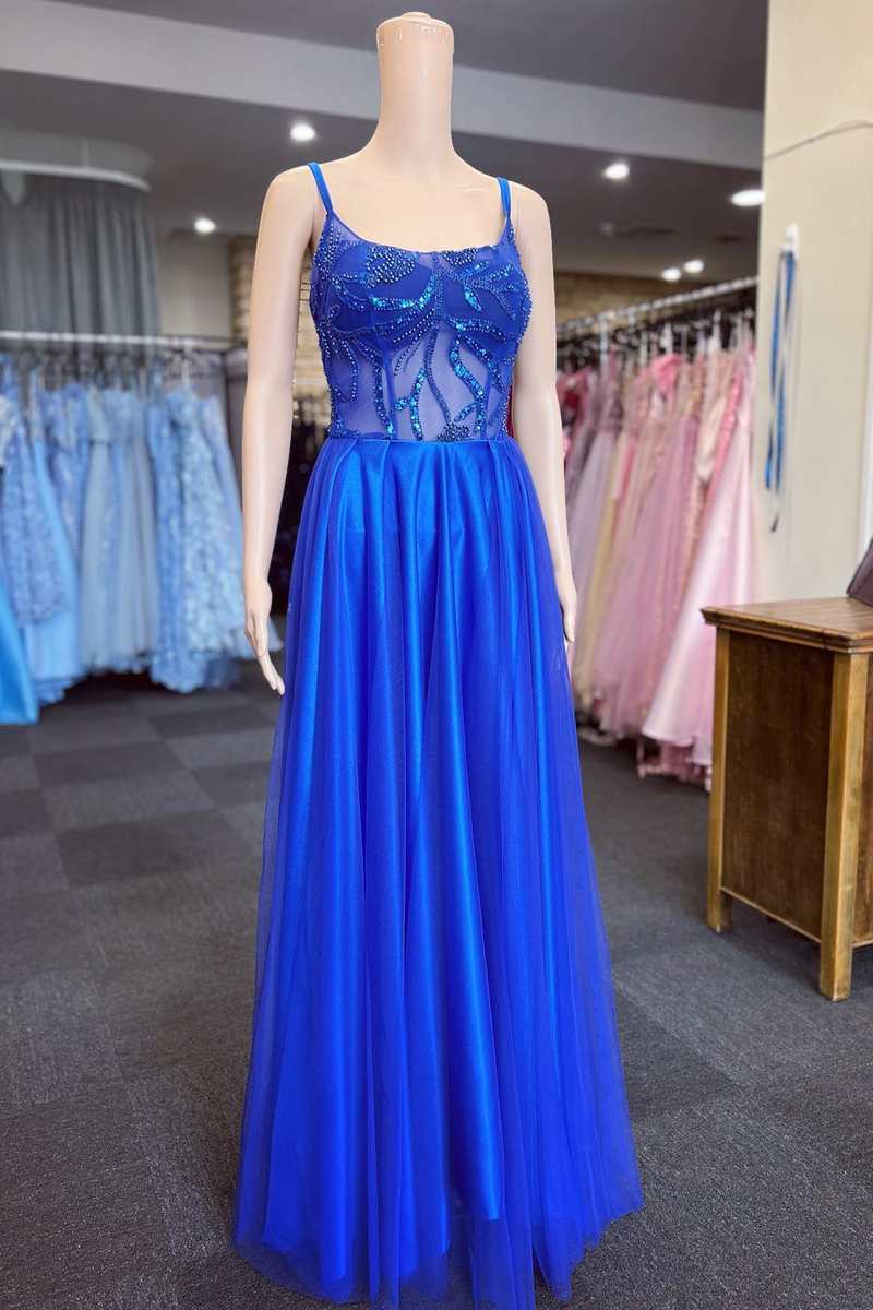 A-Line Blue Appliques Scoop Neck Long Prom Dress
